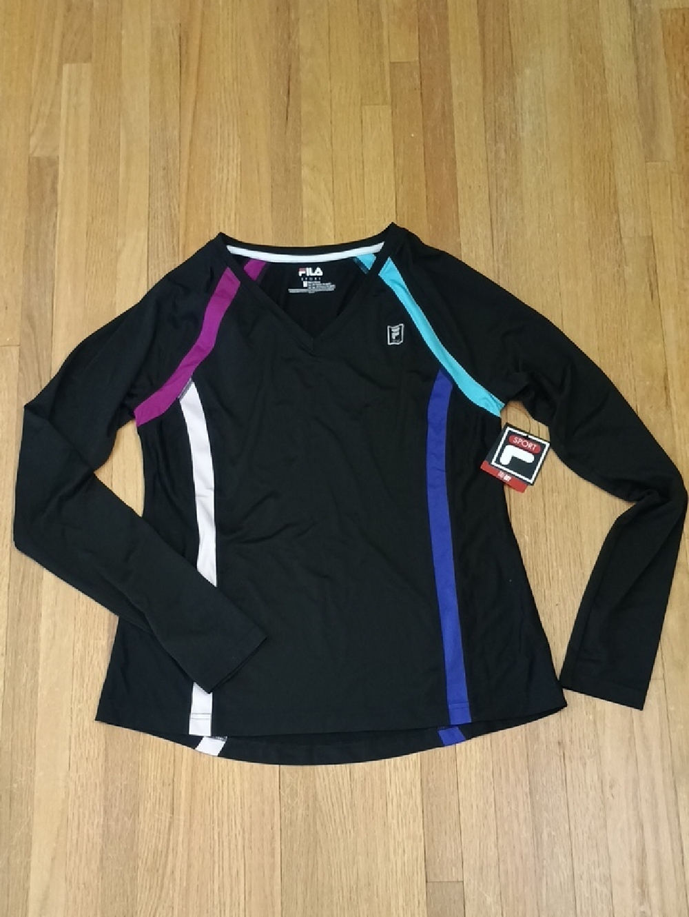 FILA Black Long Sleeve Athletic Top with Colorblock Stripes
